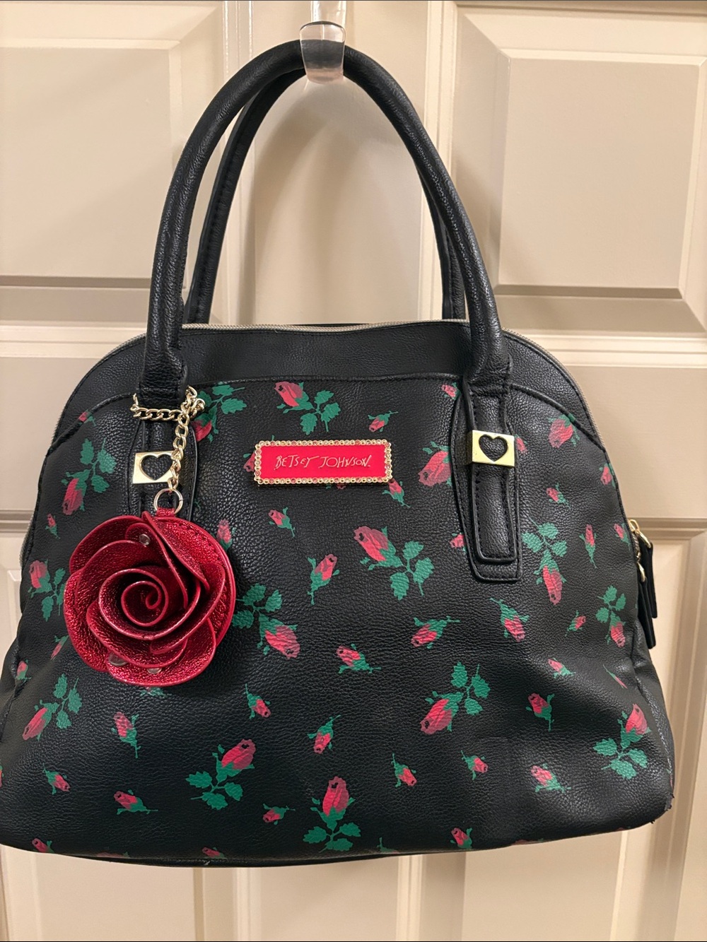 Betsey Johnson Black Floral Satchel with Red Rose Charm